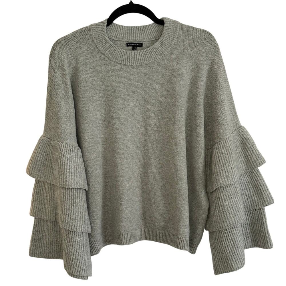 Who What Wear Womens 1X Gray Tiered Ruffle Bell Sleeve Sweater Statement Knit